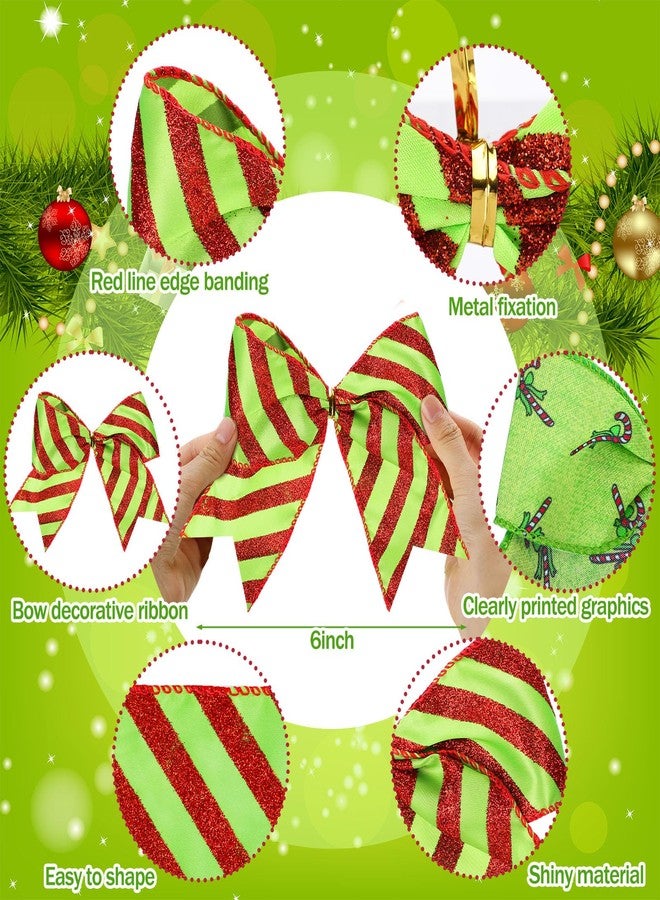 Janinka 16 Pcs Red Green Christmas Bows-6 Inch Lime Green Christmas Wreath Bows Xmas Tree Glitter Polka Dot Stripe Elf Candy Cane Burlap Ribbon Ornaments for Garland Wedding Home Party (4 Style) - Image 3